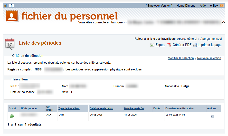 Workforce Register (Fichier du personnel)   Screenshot showing all periods of work for an employee.
