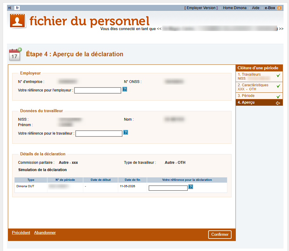 Workforce Register (Fichier du personnel) - Overview of the declaration Dimona OUT  Screenshot showing all fileds that have been filled out by the declarant for a Dimona OUT.