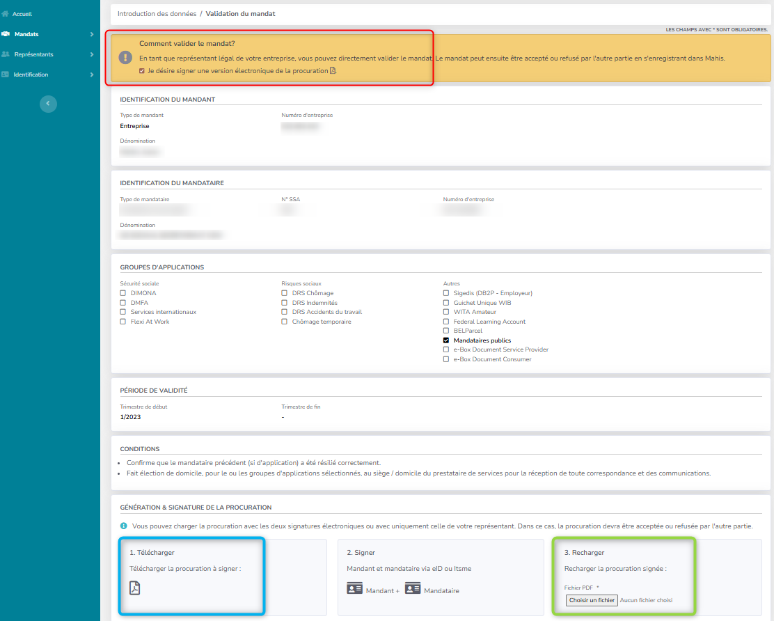 Screenshot for managing mandates. Red box to select "how to validate a mandate", blue box "download" and green box to choose files.