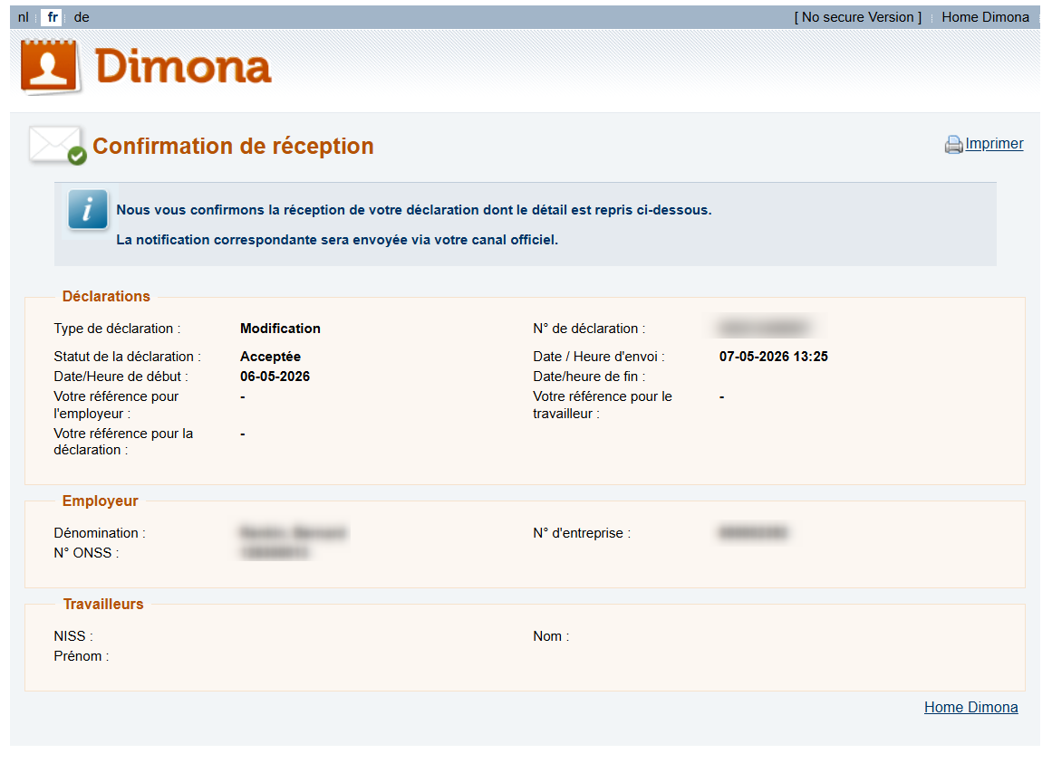 Dimona Modification - Confirmation. Screenshot of the screen of the Dimona Modification declaration where the employer sees an overview of the date entered, as a confirmation.