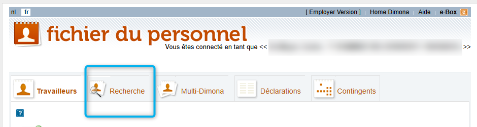 Workforce Register (fichier du personnel) - Search  Screenshot called Workforce Register (fichier du personnel), focusing on the tab Search (Recherche). 