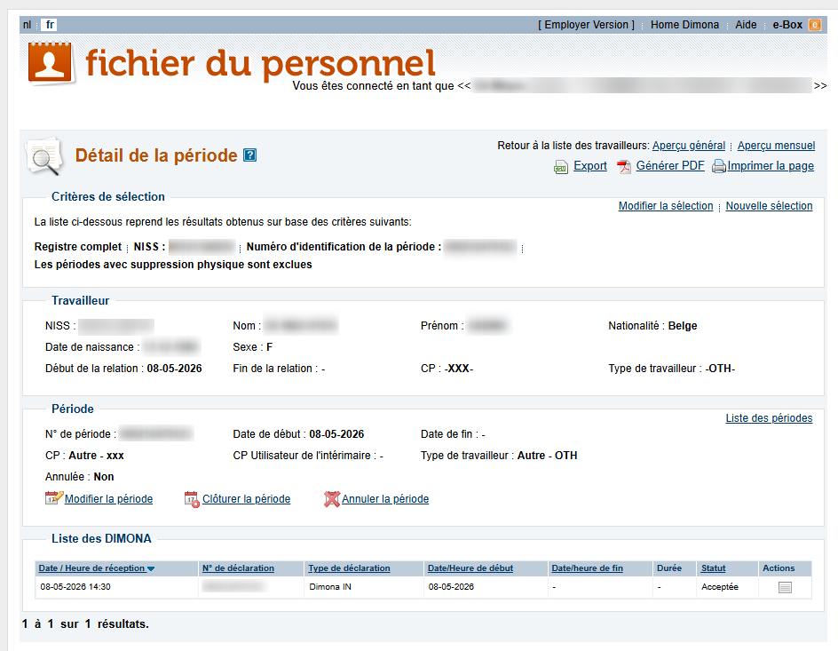 Workforce Register (Fichier du personnel) - Detail of the working period  Screenshot containing all details on a specific working period for a particular employee.