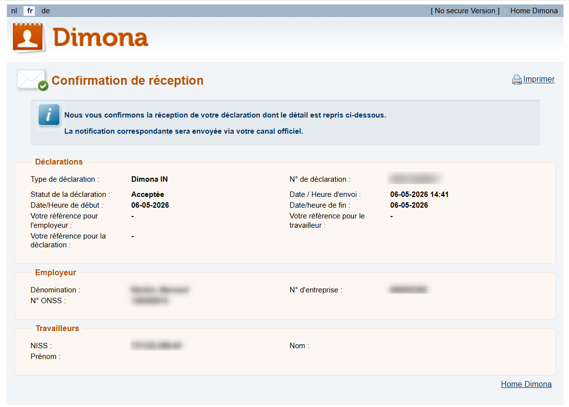 Dimona IN - Confirmation. Screenshot of the screen of the Dimona IN declaration where the employer sees an overview of the date entered, as a confirmation
