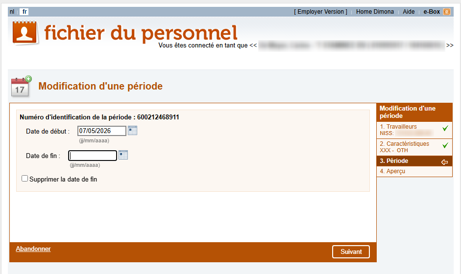 Workforce Register (Fichier du personnel) - Modifying a working period  Screenshot enabling modifying a working period by filling out a new ending date.