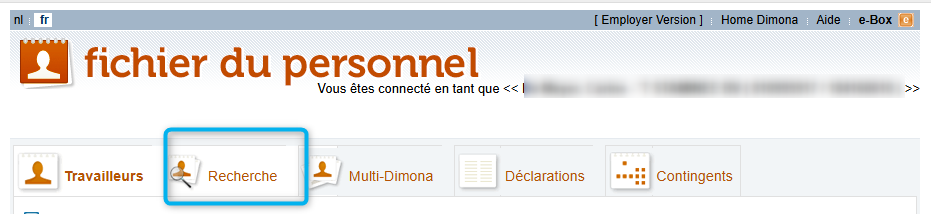 Workforce Register (fichier du personnel) - Search  Screenshot called Workforce Register (fichier du personnel), focusing on the tab Search (Recherche). 