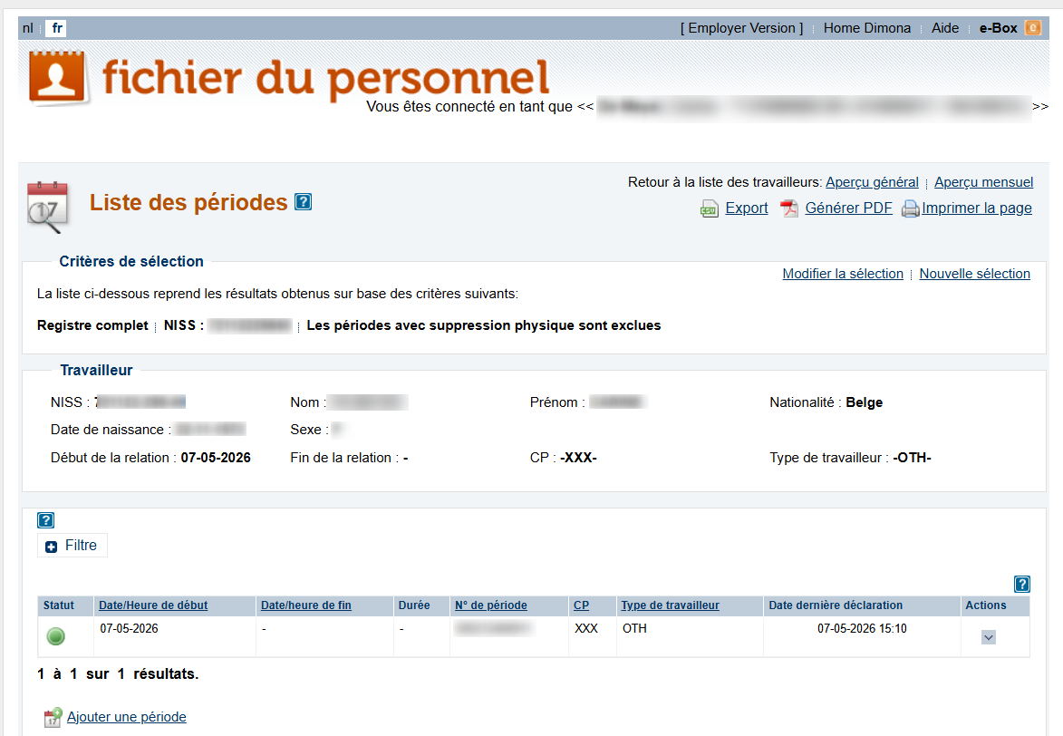 Workforce Register (Fichier du personnel) - Liste of periods  Screenshot containing a list of periods of work for a particular employee.