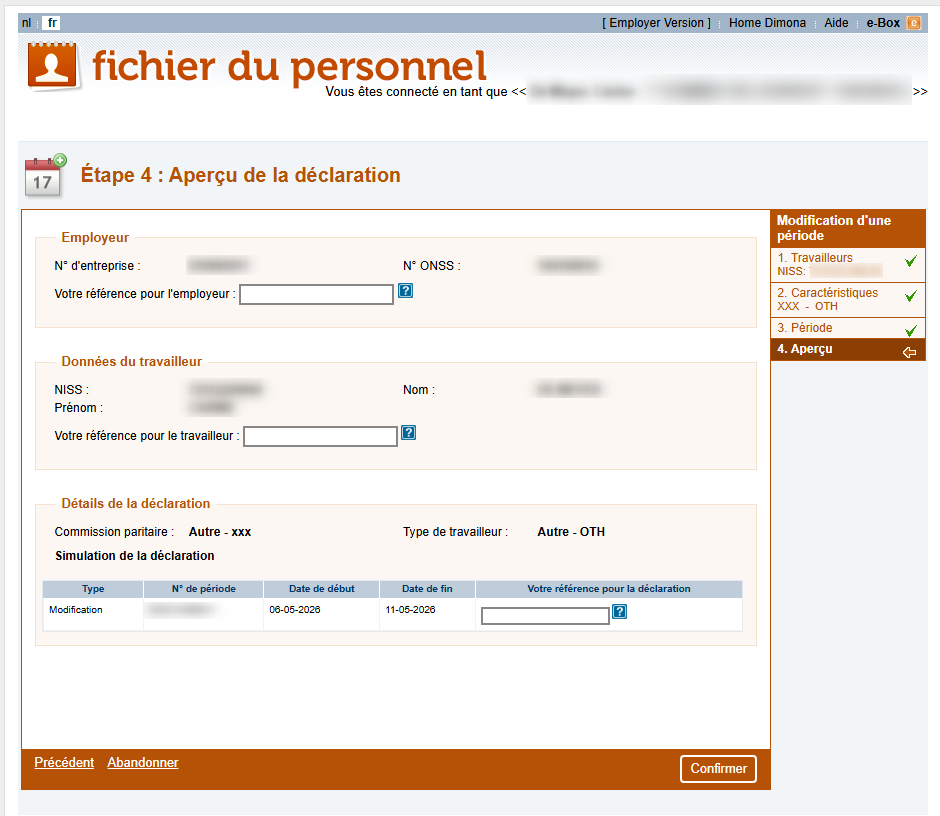 Workforce Register (Fichier du personnel) - Overview of the declaration of a modification  Screenshot showing all fileds that have been filled out by the declarant for a declaration of a modification.