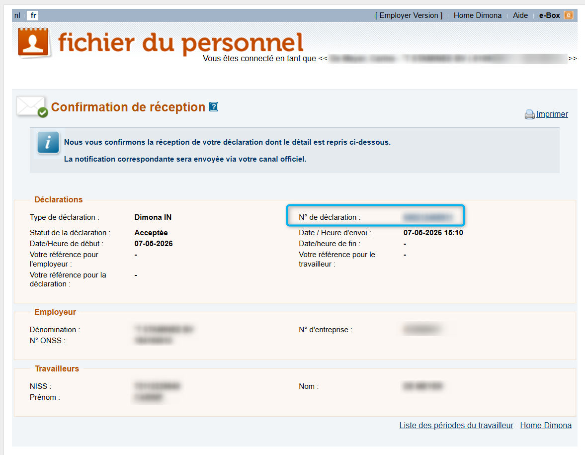 Workforce Register (Fichier du personnel) - Confirmation and declaration details  Screenshot containing the confirmation of all declared details of the Dimona IN and a focus on the clickable link towards further declaration details.