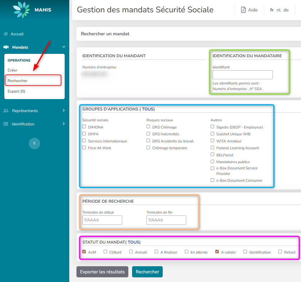 Screenshot for managing mandates. Red box to select , green box to identify, blue box for groups, orange box for the periode, purple box for the status of the mandate.