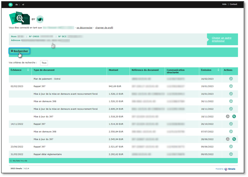 Online service Consultation invoices employers-search Screenshot of the Online service Consultation invoices employers. Use the search function to look up documents. Click on Search (‘Rechercher’ in the screenshot) to open the search options.