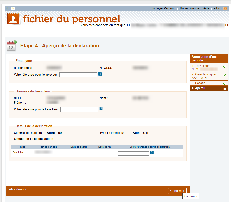 Workforce Register (Fichier du personnel) - Overview of the declaration of a cancellation  Screenshot showing all fileds that have been filled out by the declarant for a cancellation of a declaration.