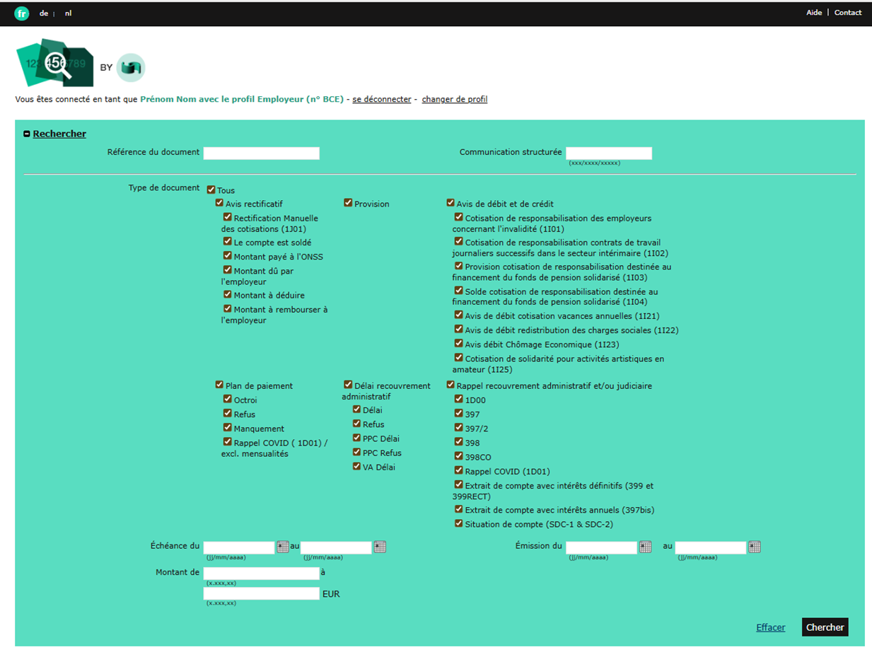 Online service Consultation invoices employers-search expand Screenshot of the expanded view of the searchfields