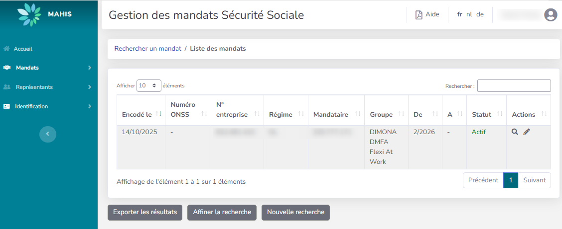 Screenshot for managing mandates. Different status of mandates.