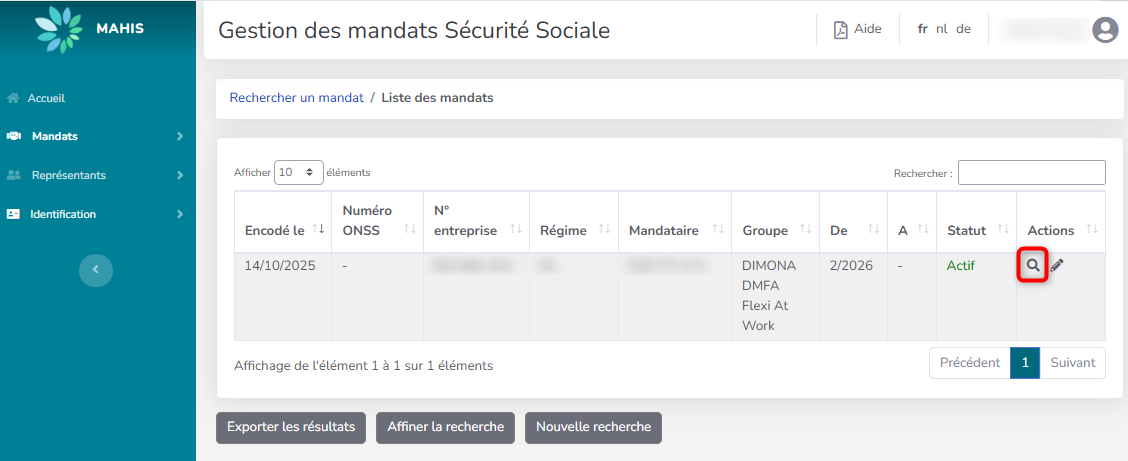 Screenshot for managing mandates. Icon in red to search results.