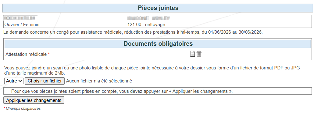 Screenhot showing the attachments and the required documents. Button 'apply changes' on the bottom left.