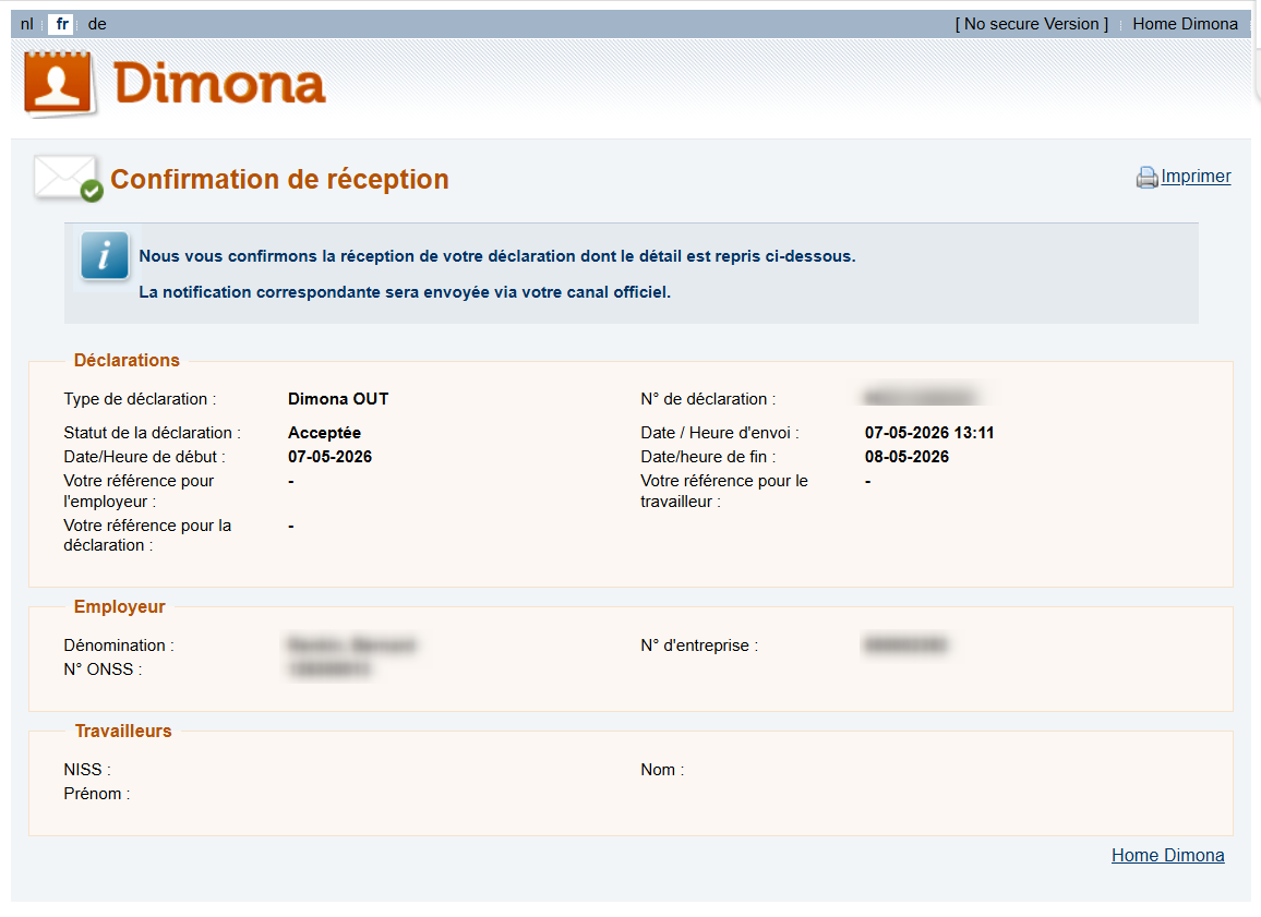 Dimona Cancellation - Confirmation. Screenshot of the screen of the Dimona Confirmation declaration where the employer sees an overview of the date entered, as a confirmation.